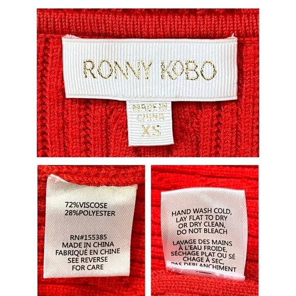 Ronny Kobo Red Knit Midi Dress Puff Sleeve Square Neck Stretch Bodycon Designer - Picture 5 of 11